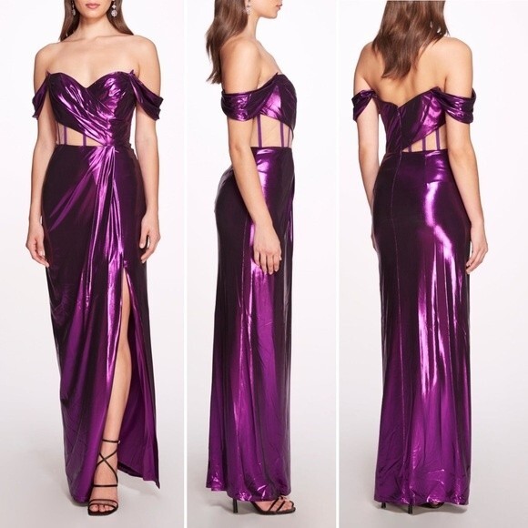 NWT Marchesa Off Shoulder Amethyst Lamé Gown Maxi With Draped Bodice Size 14 NEW - Picture 1 of 16